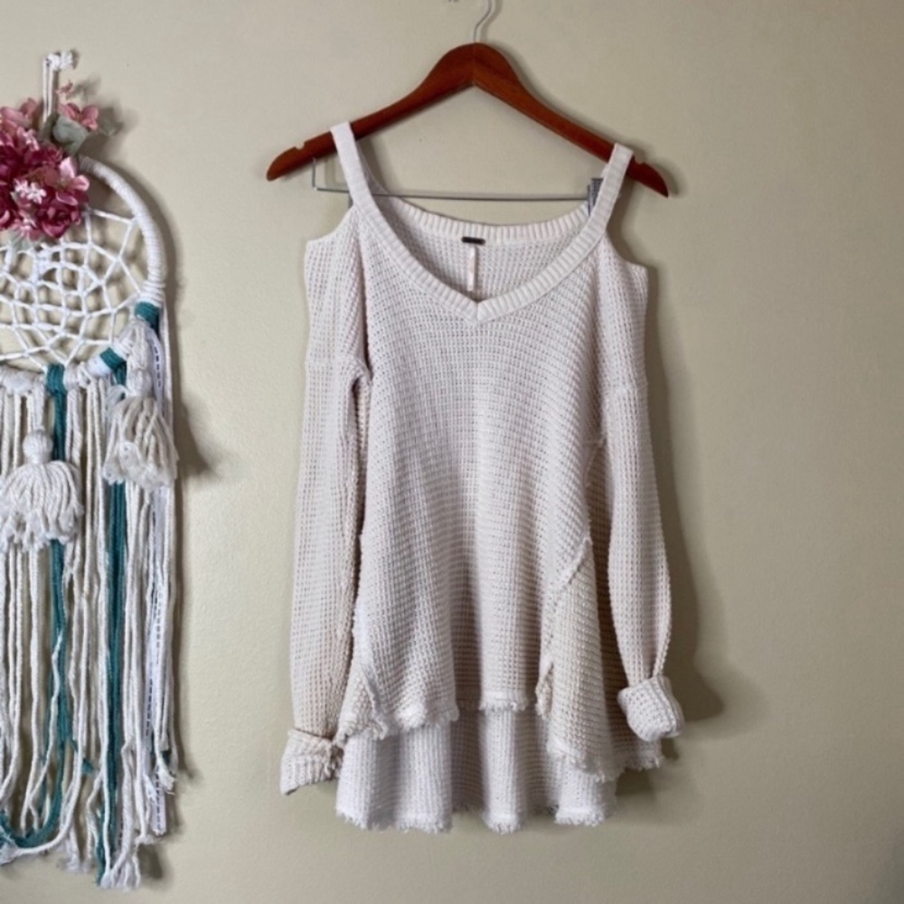 Free People Moonshine Knit Sweater Open Shoulder Ivory Size XS
